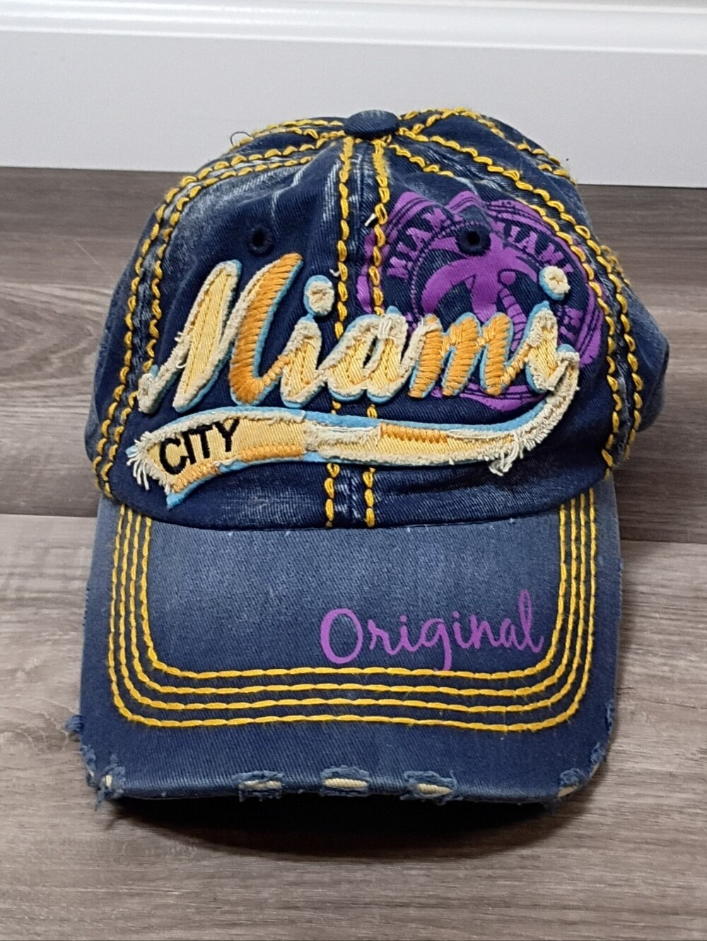 Robin Ruth Vintage Y2K Distressed Denim Thick Stitch Original Miami City Hat